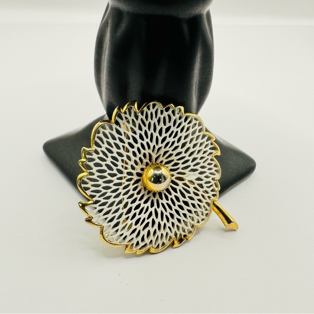 Monet Gold Tone Floral Brooch | White Enamel Flower Pin Vintage Designer Jewelry
